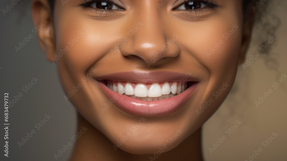 In a well-lit studio, a delighted young woman grins, revealing her impeccable white teeth. In a well-lit studio, a delighted young woman grins, revealing her impeccable white teeth.