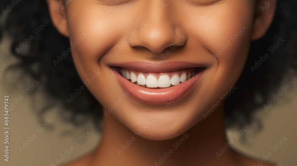 A radiant young woman smiles against a studio backdrop, displaying her perfect white teeth. A radiant young woman smiles against a studio backdrop, displaying her perfect white teeth.