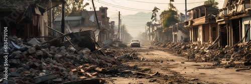 Destroyed houses after a powerful earthquake, city streets littered with stone and concrete, banner