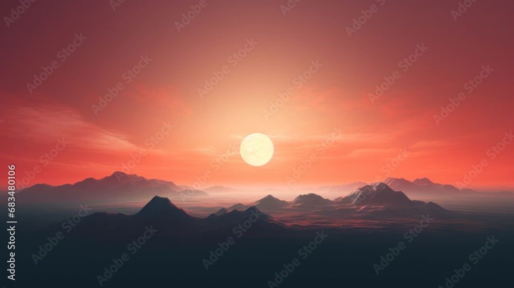 Fototapeta premium the sun is setting over the mountains in a red, orange and black sky with a few clouds in the foreground.