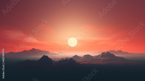  the sun is setting over the mountains in a red, orange and black sky with a few clouds in the foreground. © Anna