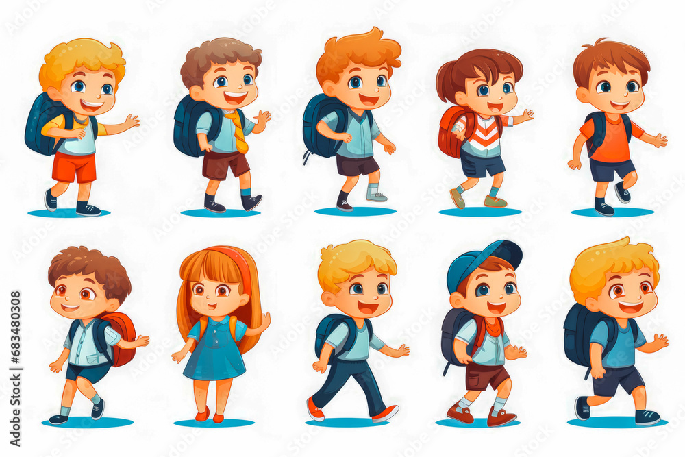 Illustration of happy children ready for primary school on white background, back to school concept, school children ready for school day