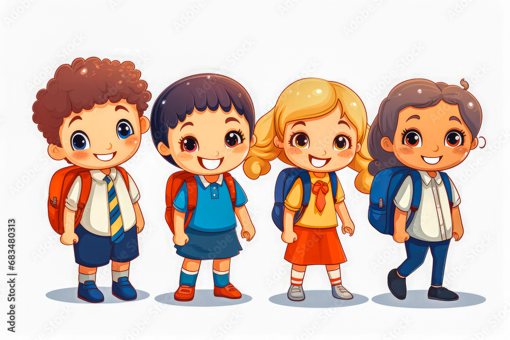 Illustration of happy children ready for primary school on white background, back to school concept, school children ready for school day Illustration of happy children ready for primary school on white background, back to school concept, school children ready for school day