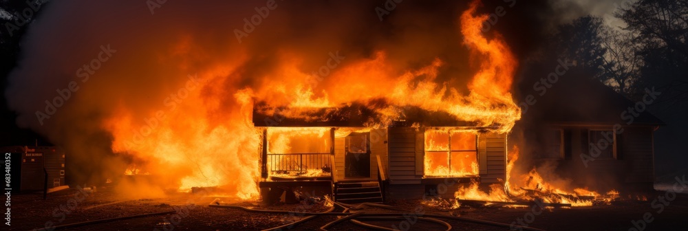 Fire in private house, wooden one-storey house on fire, banner