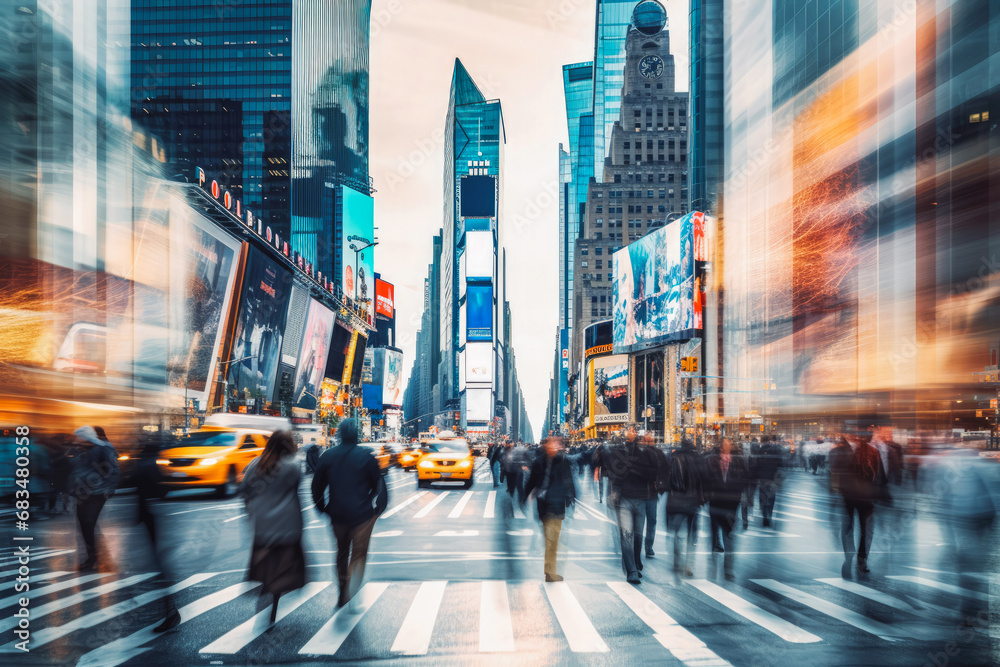 Blurred busy street scene with crowds of people walking in busy city of New York, groups of people hurrying through streets of big city Blurred busy street scene with crowds of people walking in busy city of New York, groups of people hurrying through streets of big city