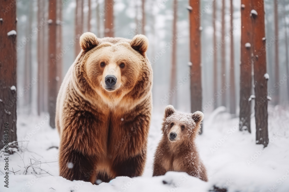 Big brown bear with her cub on snow with winter forest in the background, shot of mama bear and her baby cub outside in winter idyll