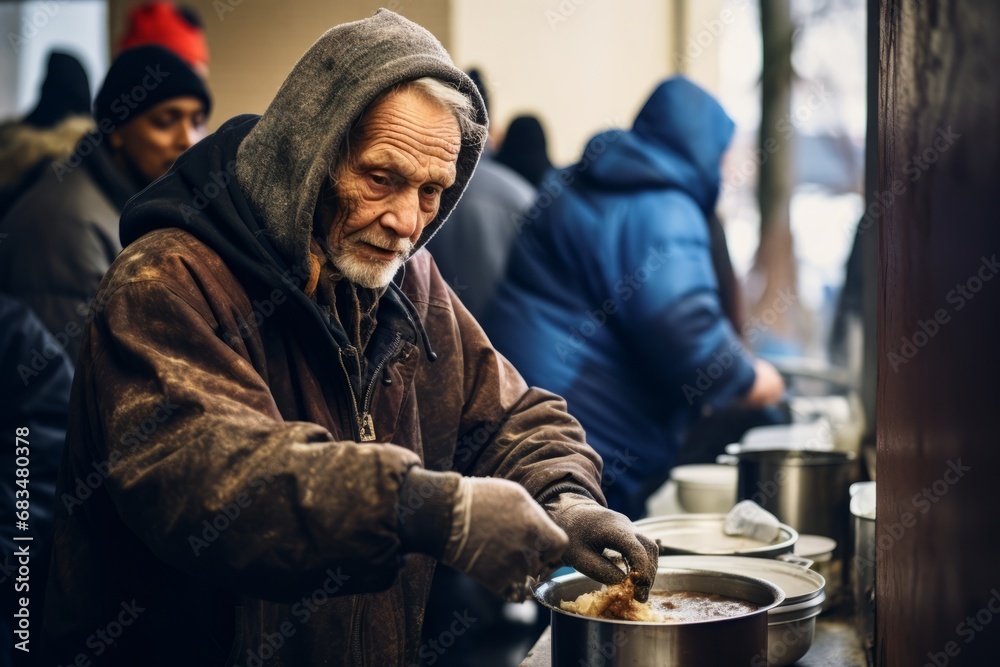 Homeless people in homeless shelter get food, housing problem