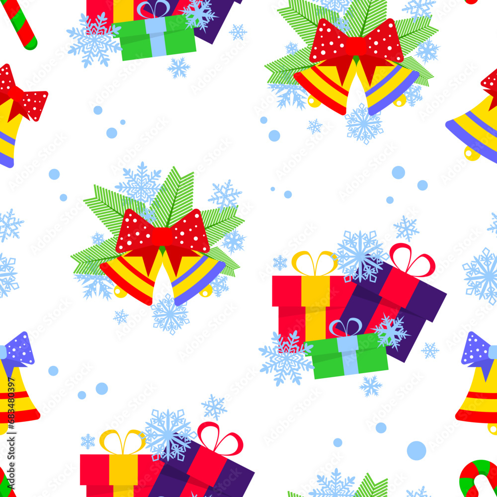 Christmas seamless pattern with traditional holiday bells and gifts on a white background. Design element for clothes, cards, textiles, fabrics, wallpapers, wrapping paper