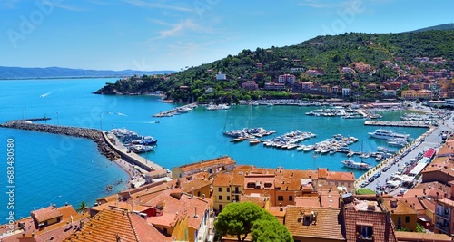panorama from above of Porto Santo Stefano on the coast of Monte Argentario in Grosseto, Tuscany, Italy