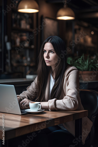 Young beautiful woman with long dark hair siting in cafe with cup of coffee and working on laptop. Distant work concept photo