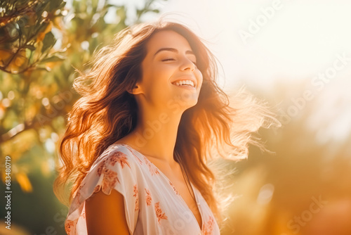 Beautiful young woman smiling and enjoying sun rays outside with natural background, gorgeous portrait of female looking happy