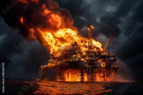 Fire on an oil rig in the sea or ocean, oil burns, environmental pollution