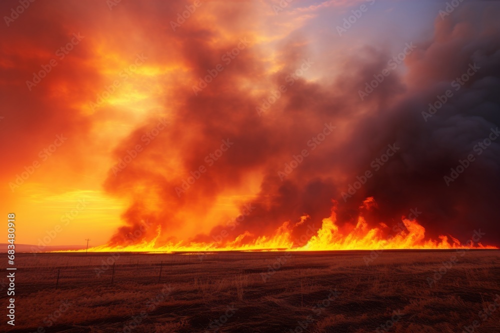 Fire on the field, the steppe is burning, the crop is destroyed due to fire