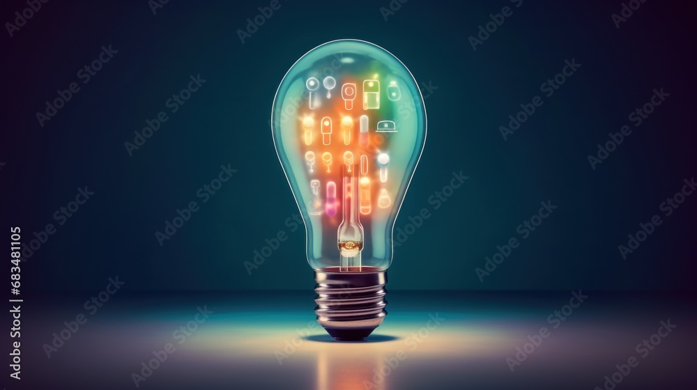 a glowing light bulb sitting on top of a blue floor next to a black wall with a key board on it. a glowing light bulb sitting on top of a blue floor next to a black wall with a key board on it.