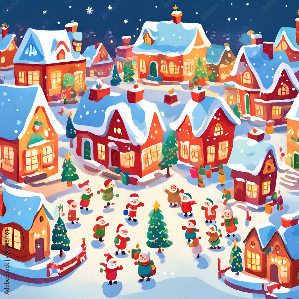 A detailed illustration of a snowy Christmas village, complete with twinkling lights and christmas trees and festive spirit