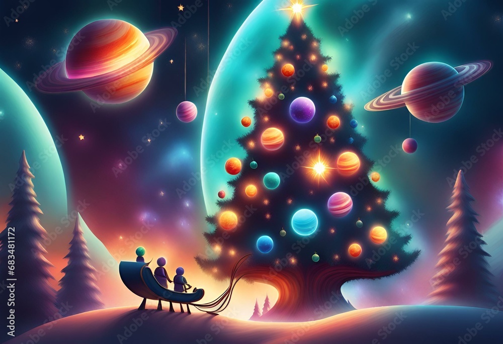 a cosmic Christmas scene with planets as ornaments on a giant space tree. Kids in a sleigh looking at the tree a cosmic Christmas scene with planets as ornaments on a giant space tree. Kids in a sleigh looking at the tree