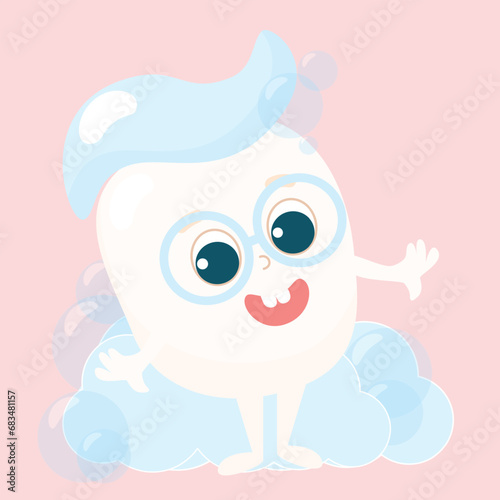 Little healthy baby tooth with toothpaste on top in soap bubbles. Tooth smiles happily and wears glasses. Character design. Care and health of children's teeth.