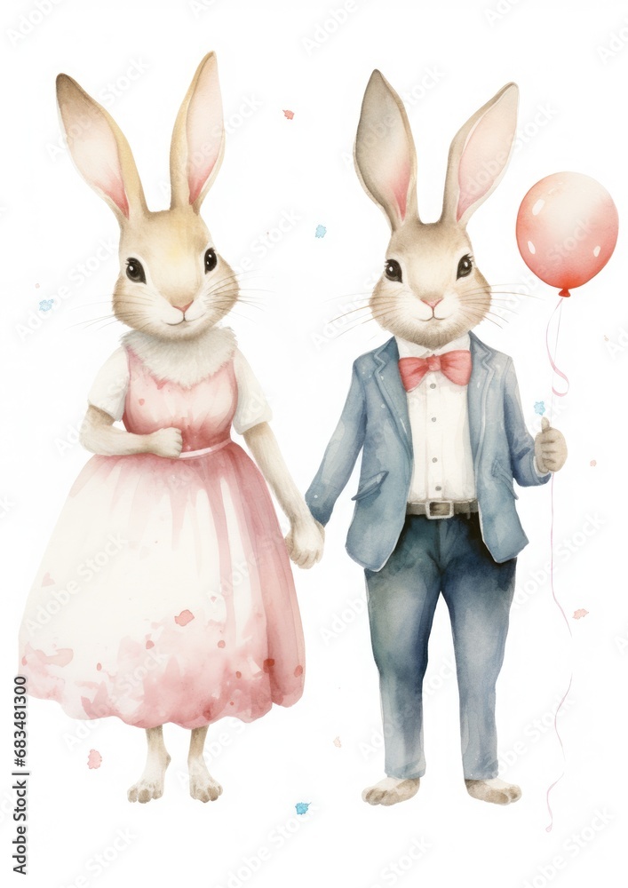 Obraz premium cute rabbit couple watercolor illustration,wedding postcard,isolated on white background