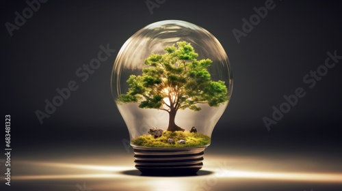  a light bulb with a bonsai tree inside of it on a dark background with a reflection of a tree in the light bulb.