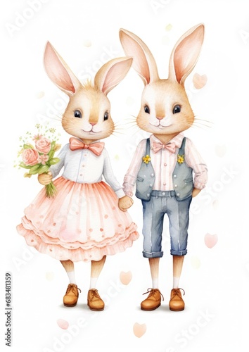 cute rabbit couple watercolor illustration,wedding postcard,isolated on white background