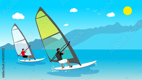 Windsurfing lessons. Two guys are windsurfing. Flat vector illustration