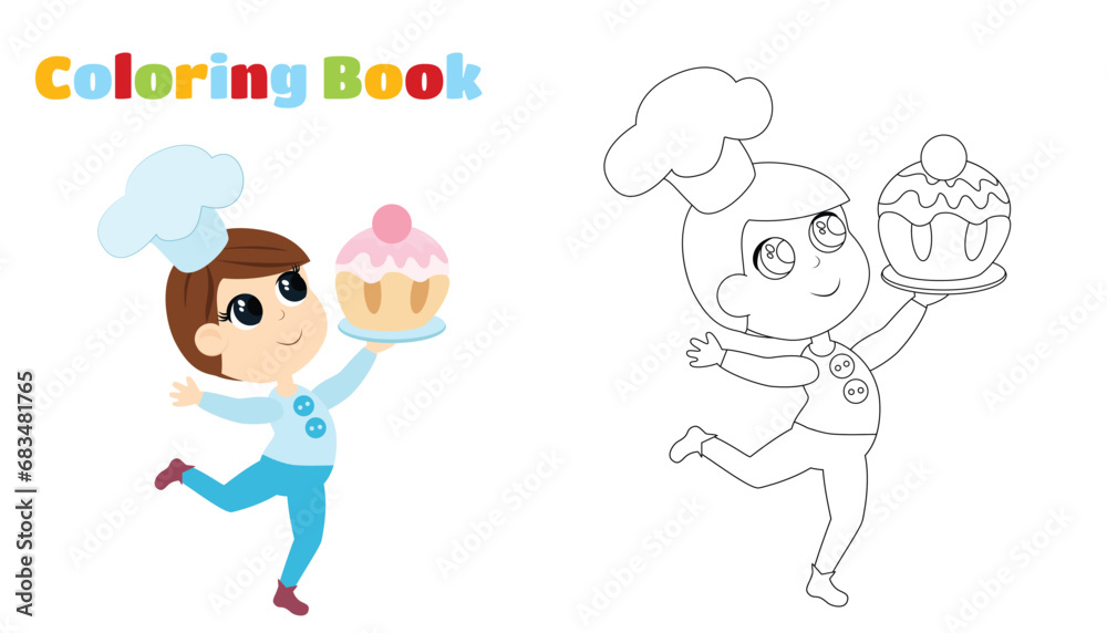 Colouring Book. A small child boy runs and carries a huge tasty muffin in his hands. Cute character in cartoon style. Colouring Book. A small child boy runs and carries a huge tasty muffin in his hands. Cute character in cartoon style.