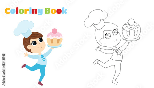 Colouring Book. A small child boy runs and carries a huge tasty muffin in his hands. Cute character in cartoon style.