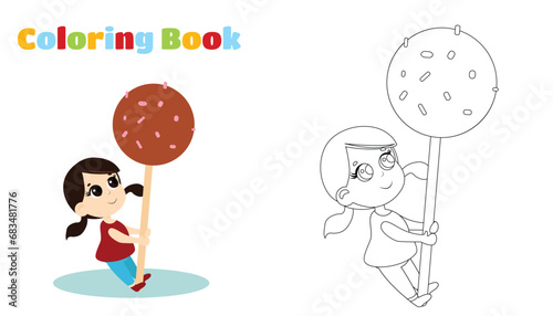 Coloring page. Happy cute girl holding a huge candy pop on a stick in her hands. The child is dressed in a tunic and has ponytails on his head. Vector cartoon illustration.
