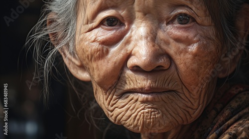 An asian old woman looking at the viewer