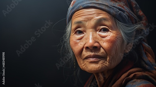 An asian old woman looking at the viewer