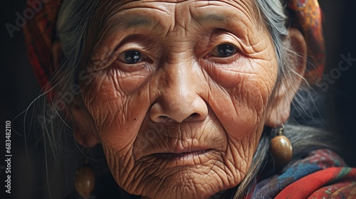 An asian old woman looking at the viewer