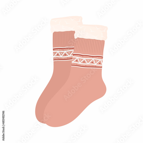 Warm women's socks. Winter pink pair of knitted socks in winter season isolated on white background. Beautiful cozy clothes with patterns and ornaments. Colored flat vector illustration 