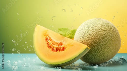  a cantaloupe cut in half on a blue surface with water splashing around it and a green and yellow background.