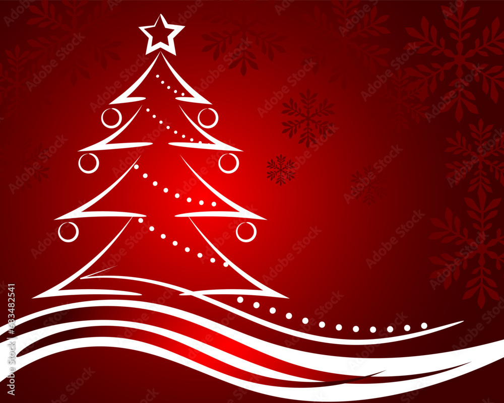 White Christmas tree on a red festive background with lights. 3d illustration, christmas card, vector