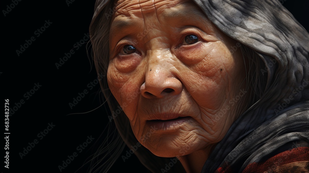 An asian old woman looking at the viewer