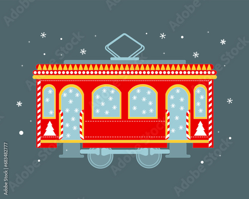 Cute red Christmas tram with snowflakes and Christmas trees. Greeting card, illustration, vector