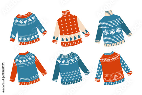 Winter knitted sweaters with winter ornament from snowflakes, set. Icons, vector