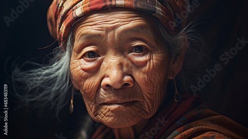 An asian old woman looking at the viewer