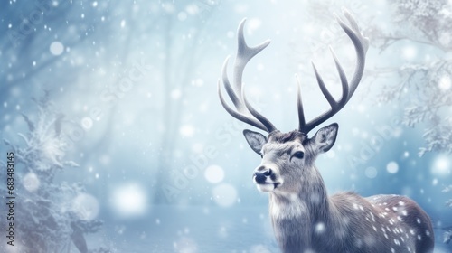  a deer with antlers standing in the snow in front of a forest filled with trees and snowflakes.