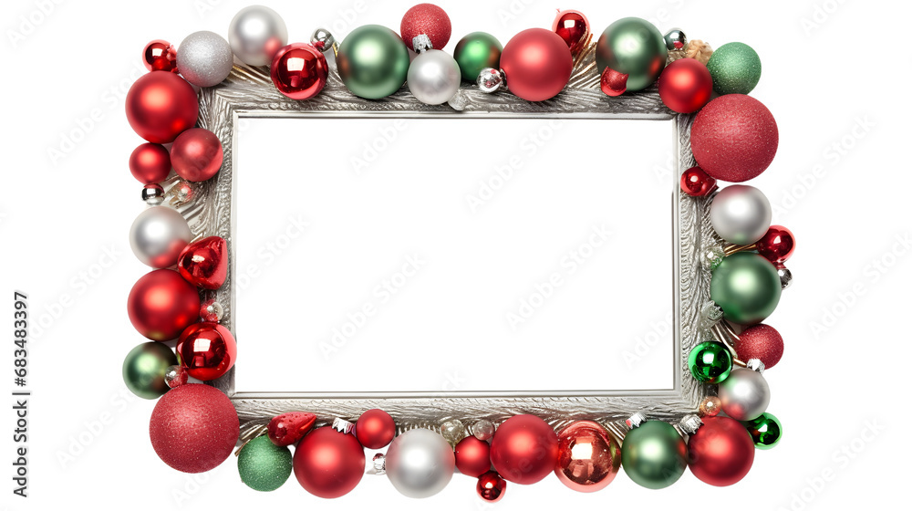 A festive Christmas frame made of red and green ornaments creating a circular frame, ideal for holiday greetings A festive Christmas frame made of red and green ornaments creating a circular frame, ideal for holiday greetings