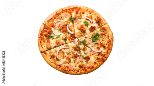Top view chicken pizza. Isolated on Transparent background.