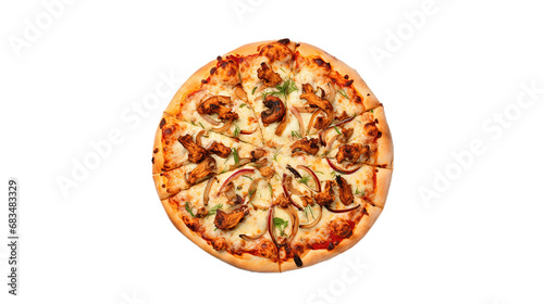 Top view chicken pizza. Isolated on Transparent background.