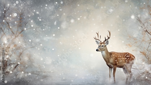  a painting of a deer standing in the snow with trees and snow flakes on the ground in the background. © Anna