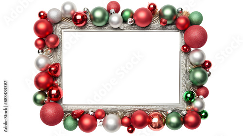 A festive Christmas frame made of red and green ornaments creating a circular frame, ideal for holiday greetings