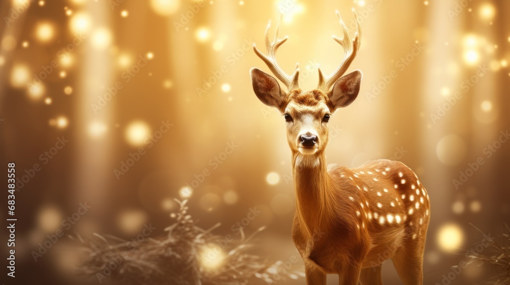 a deer standing in the middle of a forest filled with trees and snowflakes, with a golden boke of lights in the background. a deer standing in the middle of a forest filled with trees and snowflakes, with a golden boke of lights in the background.