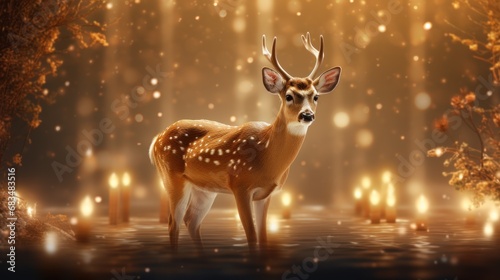  a deer is standing in the middle of a forest with candles in the foreground and snow falling on the ground. © Anna