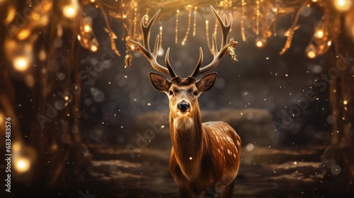  a deer standing in the middle of a forest with lights hanging from it's antlers in the background.