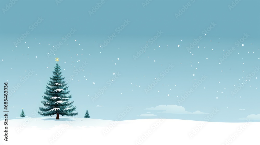  a christmas tree in a snowy landscape with snow falling on the ground and a blue sky with white clouds and snow flakes.