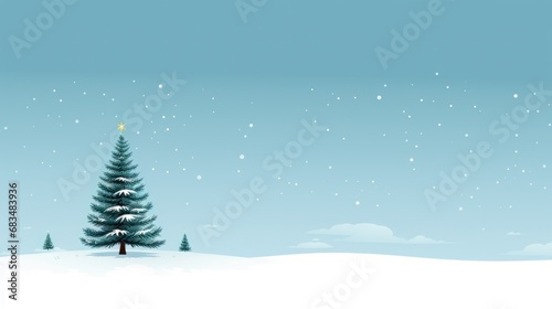  a christmas tree in a snowy landscape with snow falling on the ground and a blue sky with white clouds and snow flakes.