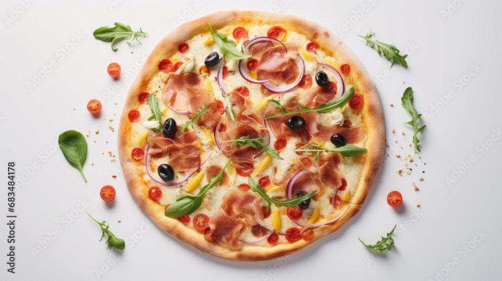 a pizza sitting on top of a white table covered in toppings on top of a white table next to a green leafy garnish. a pizza sitting on top of a white table covered in toppings on top of a white table next to a green leafy garnish.